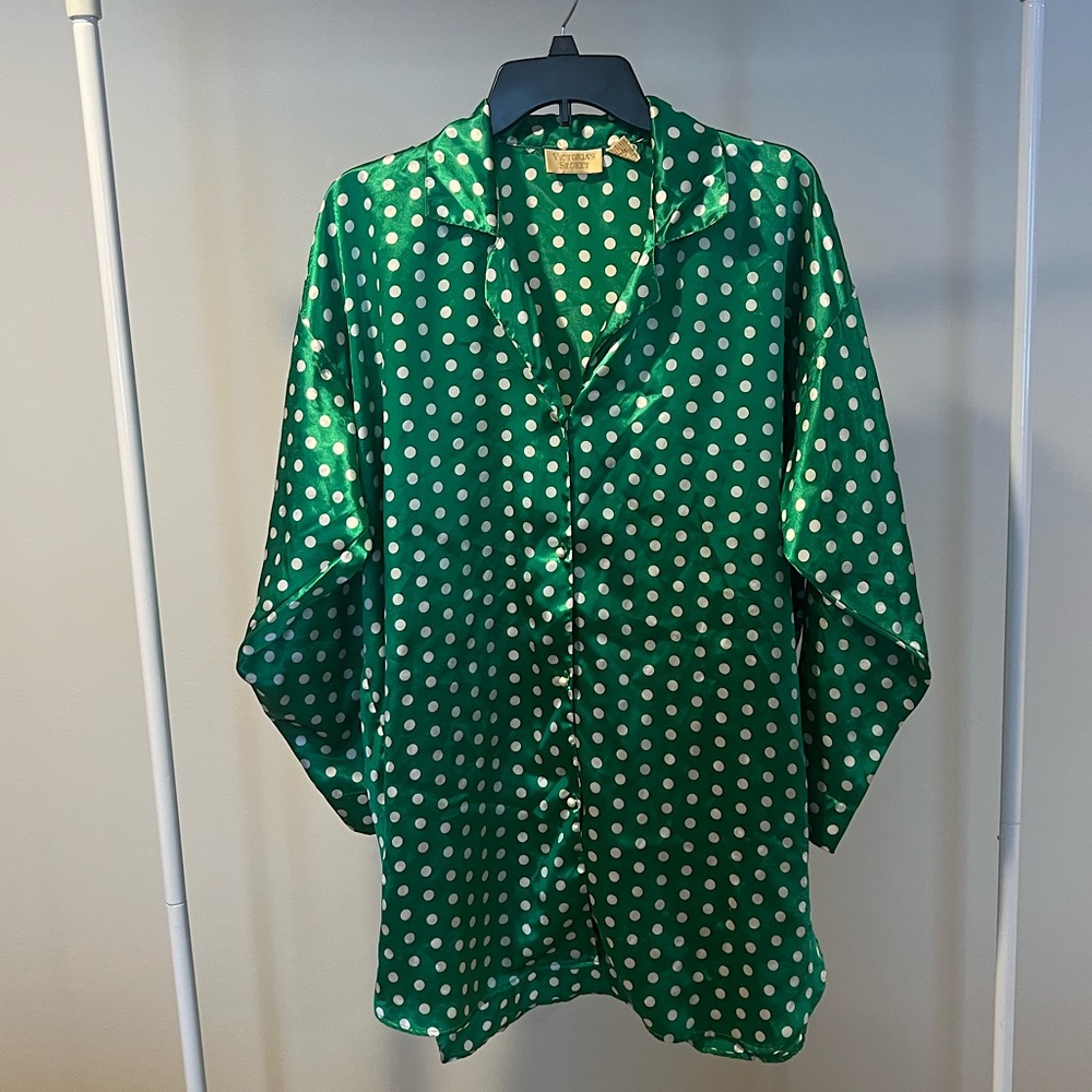 Victoria’s Secret M/L Nightgown; Silky Polyester; Green, White Polka Dots